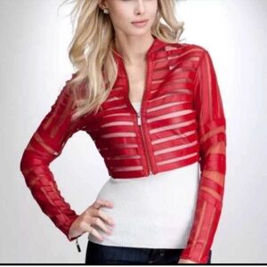 bebe Red Cropped Striped Sheer Leather Jacket